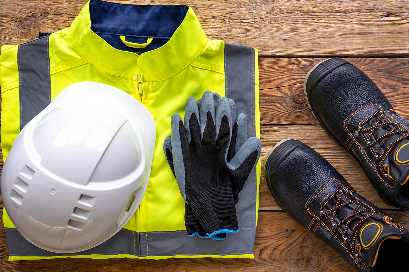 Builder uniform on wooden background, flat lay. Materiale antinfortunistico da lavoro